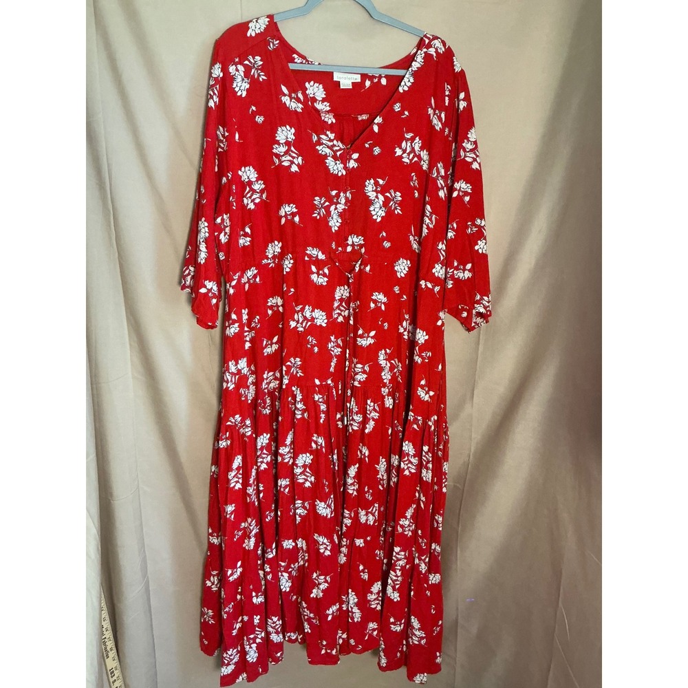 Loralette Floral Tiered Midi Dress Womens 22/24 Red White V-Neck Viscose